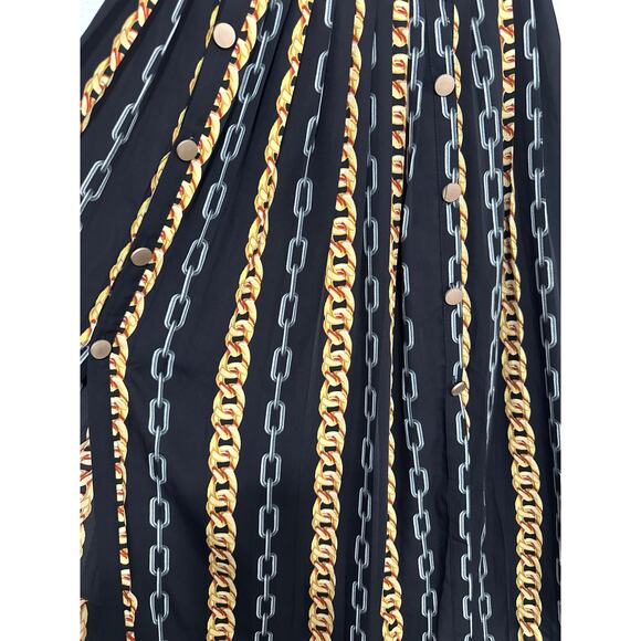 VTG Mamo Midi Pleated Skirt S Black Gold Silver Chain Baroque Print Luxury Glam - Picture 6 of 12
